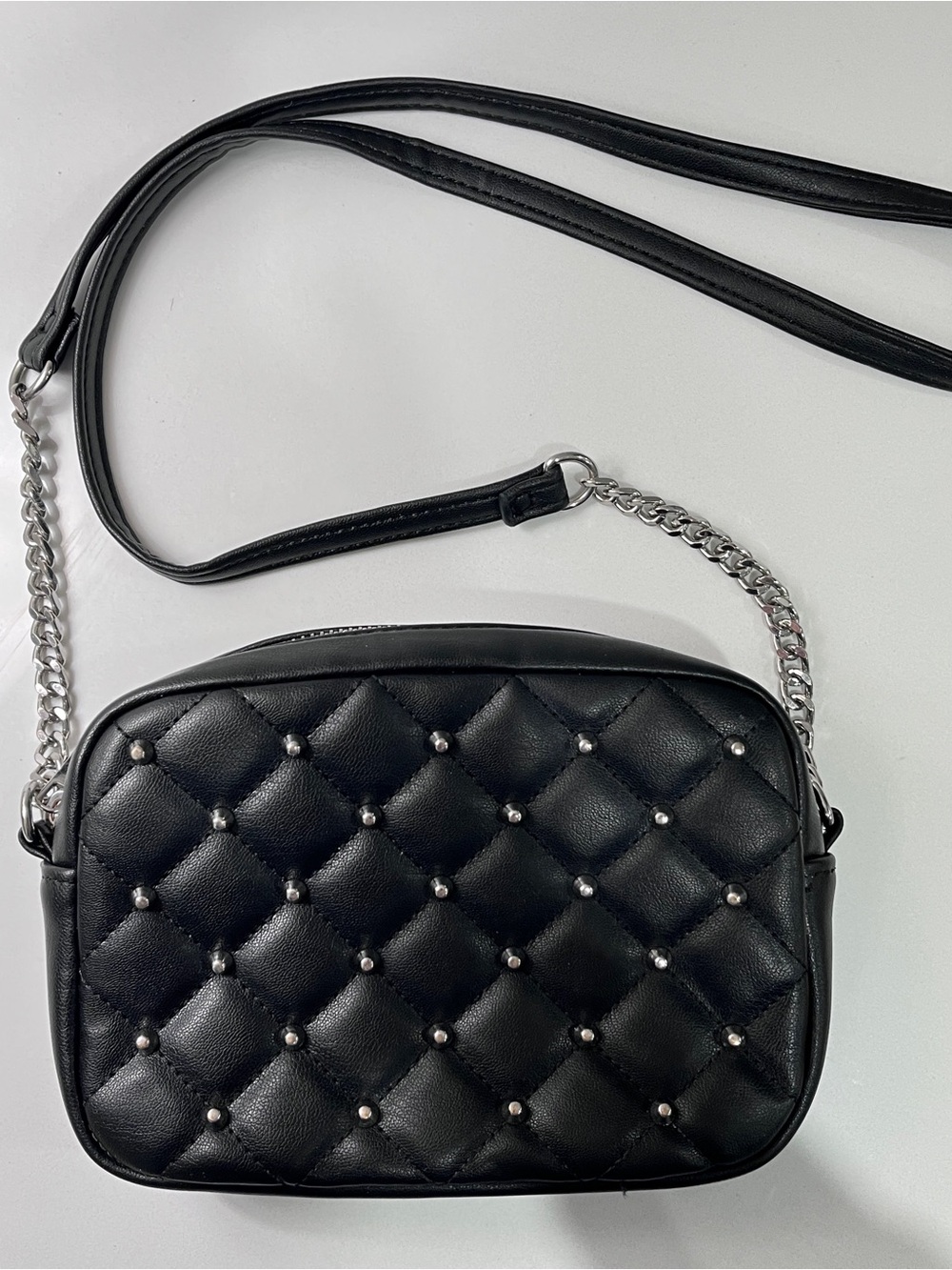 Rebecca Minkoff Black Quilted Crossbody with Silver Studs and Chain Strap